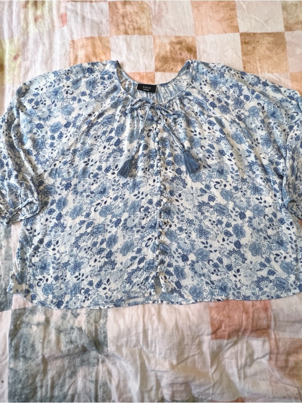 VICI White and Blue Floral Tassel Peasant Blouse - Picture 5 of 7